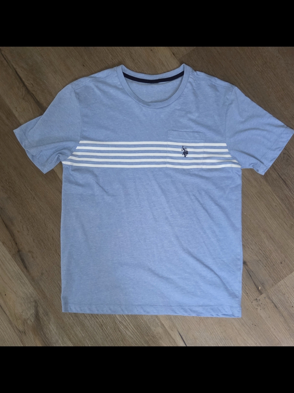 Men's POLO Light Blue Striped Crewneck Pocket T-Shirt Sz S Bin Y